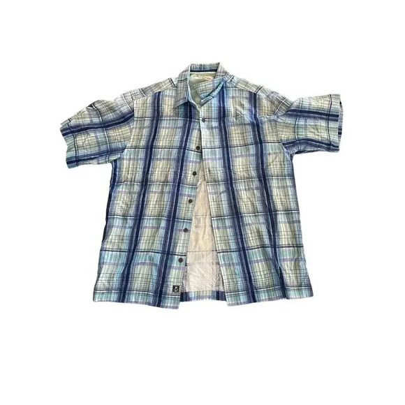 Tommy Bahama Men's silk Blue Short Sleeve Button Down Checked Shirt Size Large - Picture 1 of 5